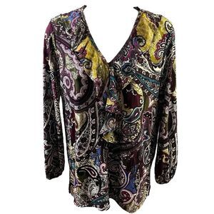 Chico's Blouse Sublime Multicolor Paisley Ruffle Top V-Neck Long Sleeves NEW LG